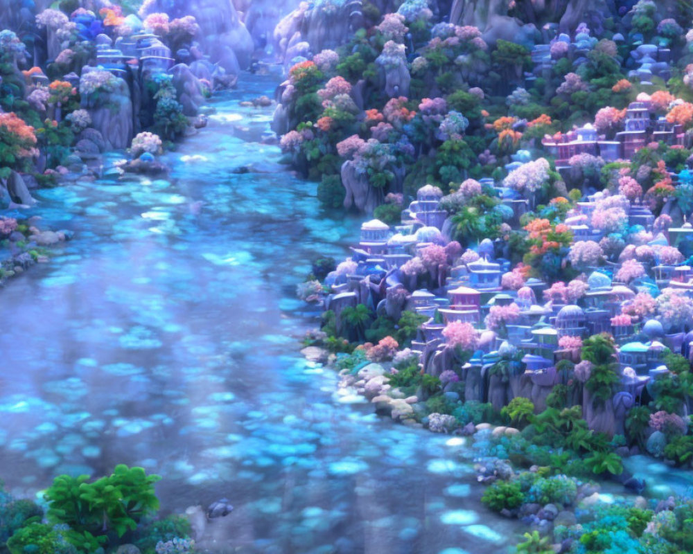 Mystical river flows through colorful landscape with flowering trees and whimsical buildings