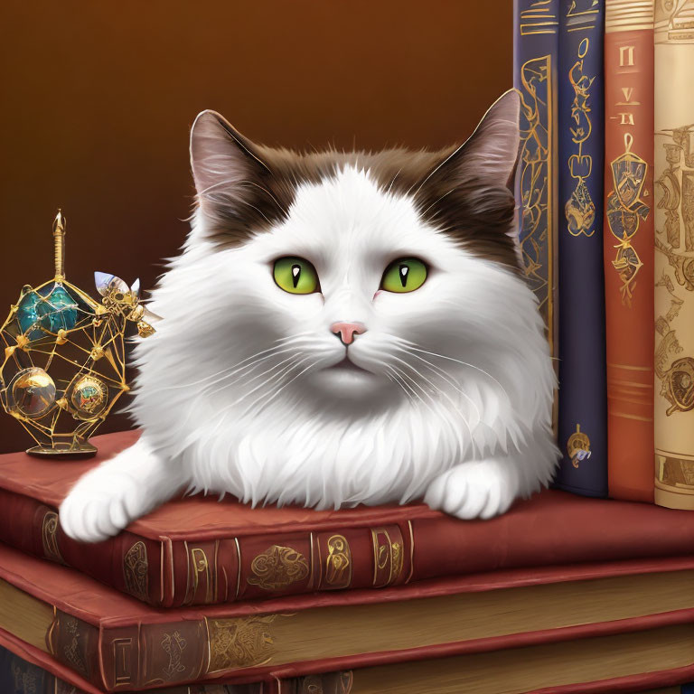 Fluffy white and brown cat with green eyes on antique books with sextant and glass orb