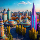 Fantastical cityscape with blue and purple domed buildings and palm trees