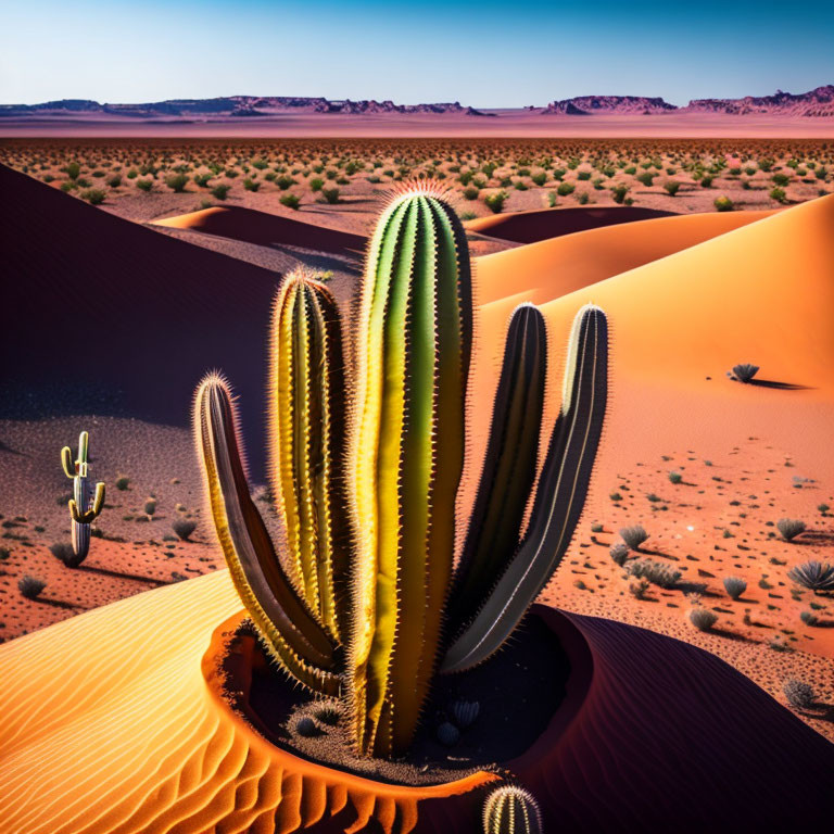 Tall cactus on rippled sand dune in desert landscape