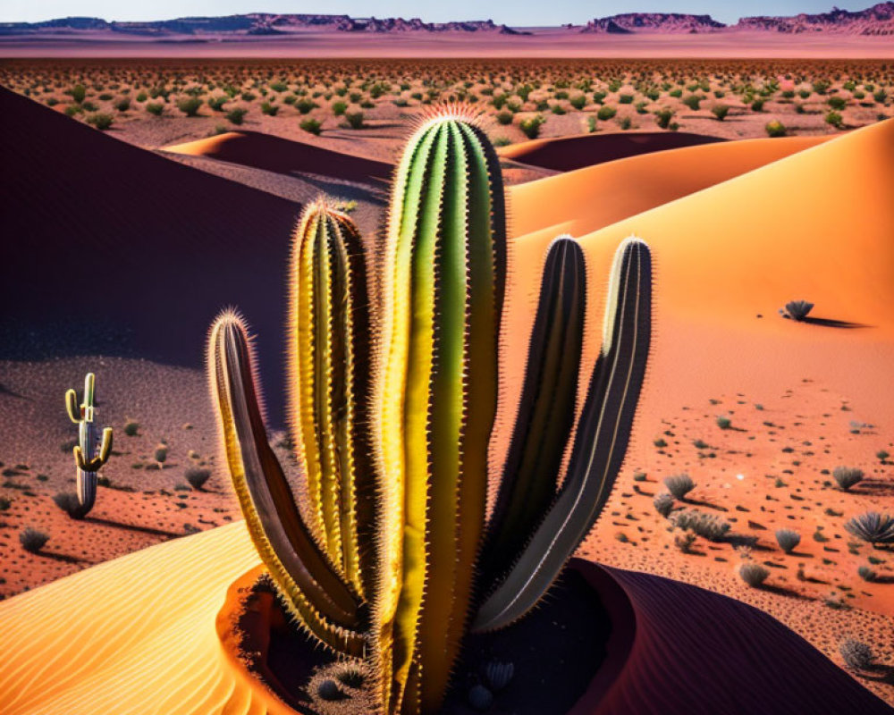 Tall cactus on rippled sand dune in desert landscape