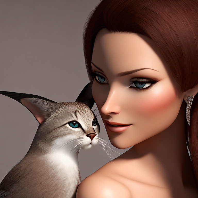 Close-up digital artwork of woman with brown hair and blue eyes with grey and white cat.