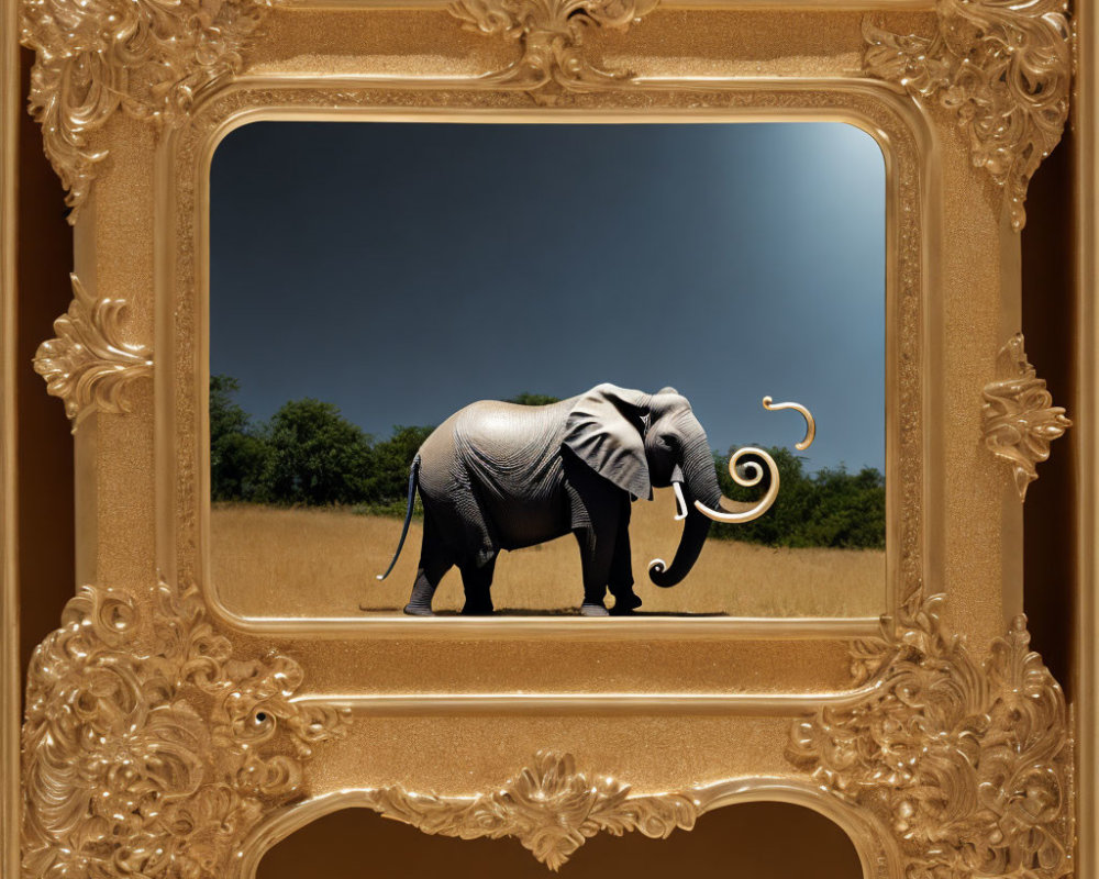 Elephant in savannah with golden frame on blue sky backdrop