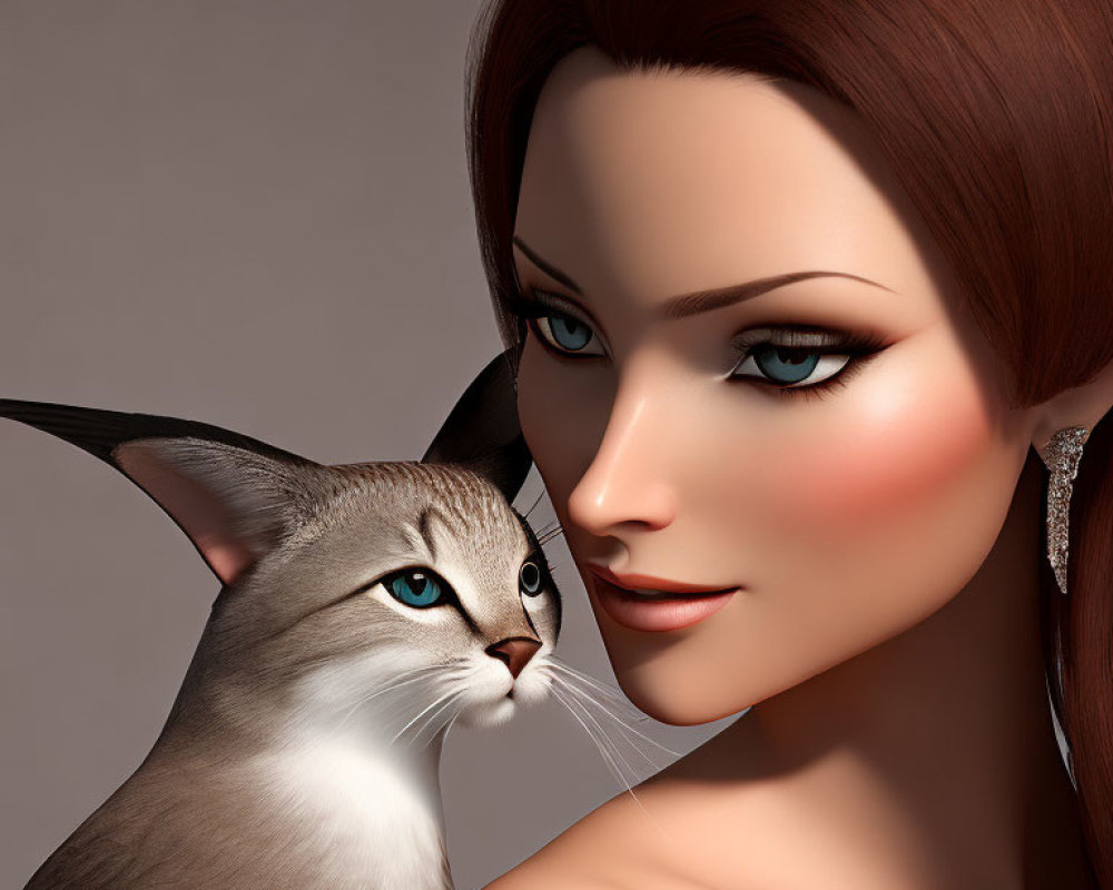 Close-up digital artwork of woman with brown hair and blue eyes with grey and white cat.