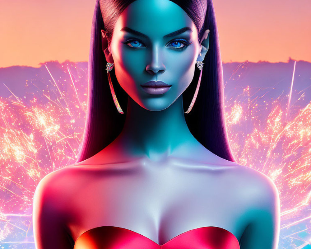 Blue-skinned woman with sleek hair in vibrant pink and blue setting.