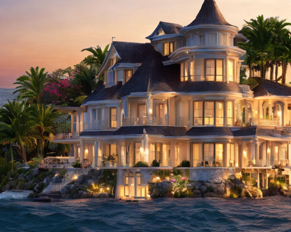 Waterfront mansion with balconies and turret under sunset sky