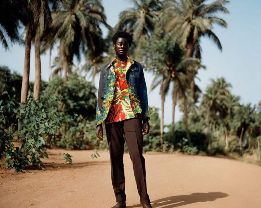 Man standing on dirt path with palm trees, wearing denim jacket and colorful shirt.