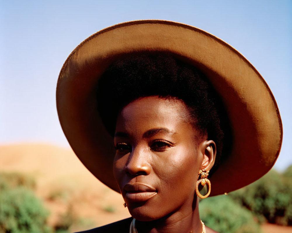 Portrait of woman in wide-brimmed hat against desert backdrop with jewelry.