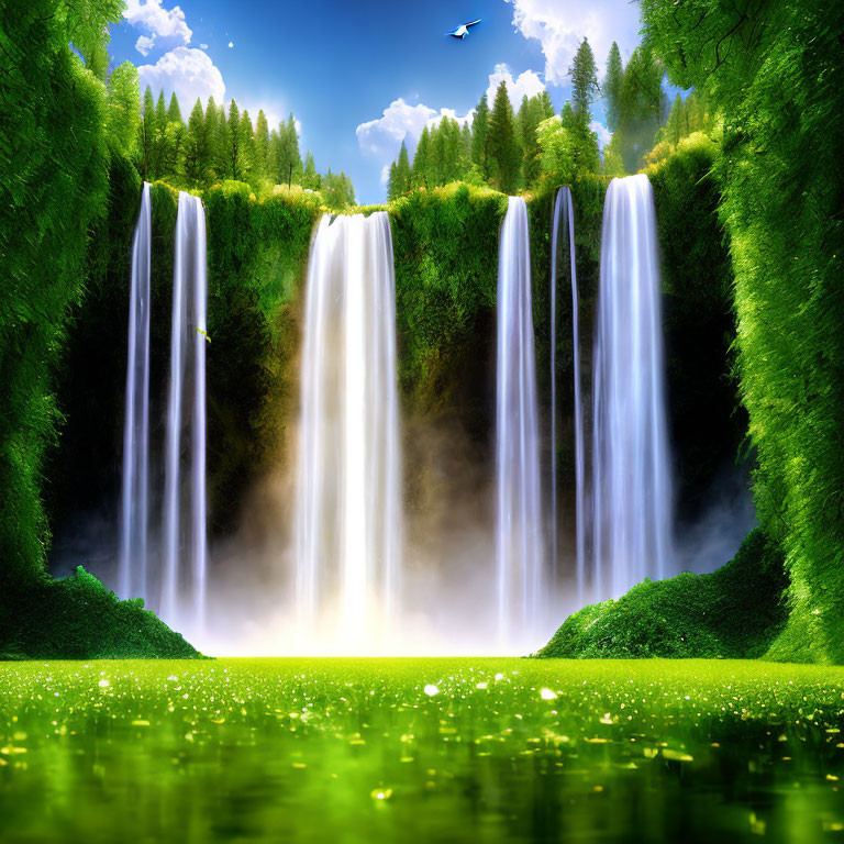 Quadruple waterfall surrounded by lush greenery and serene pond