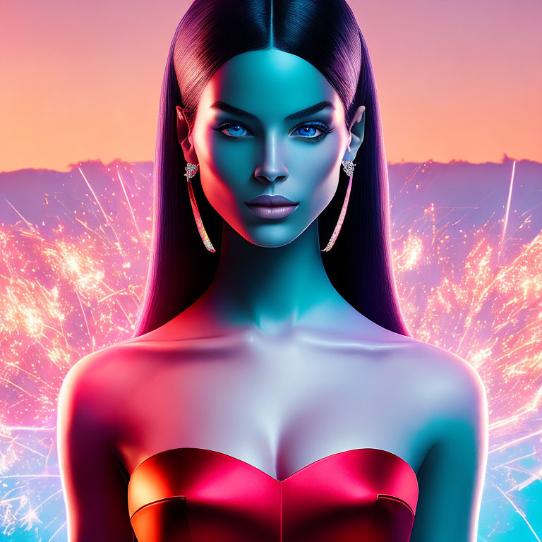 Blue-skinned woman with sleek hair in vibrant pink and blue setting.