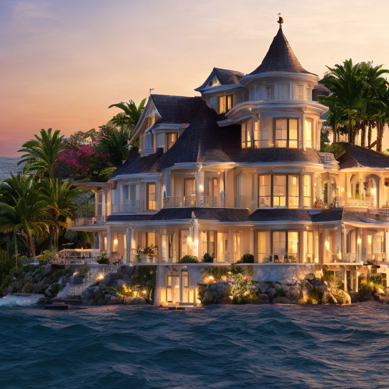 Waterfront mansion with balconies and turret under sunset sky