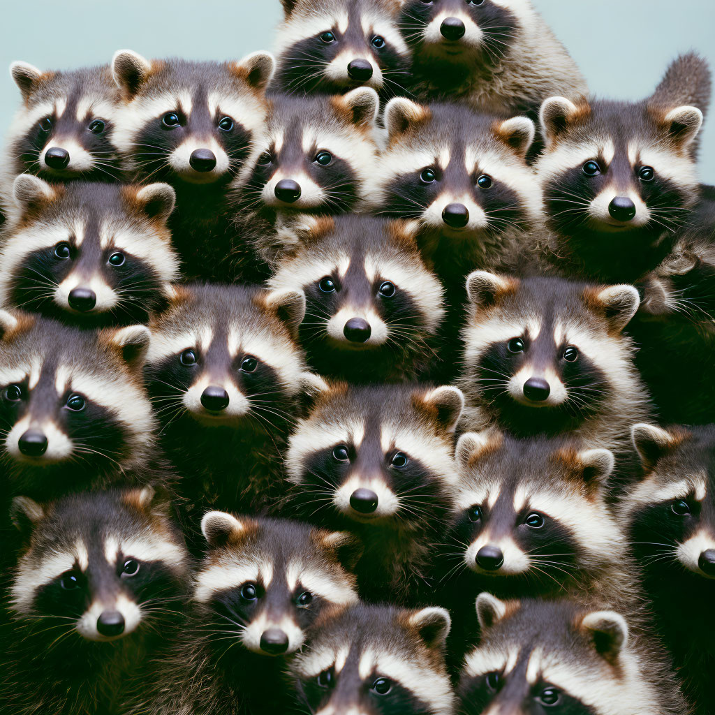 Cluster of raccoons with black eye masks and ringed tails on blue background