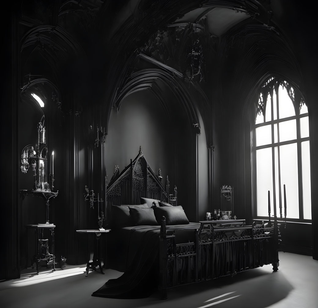 Monochrome Gothic-style bedroom with ornate furniture and tall windows