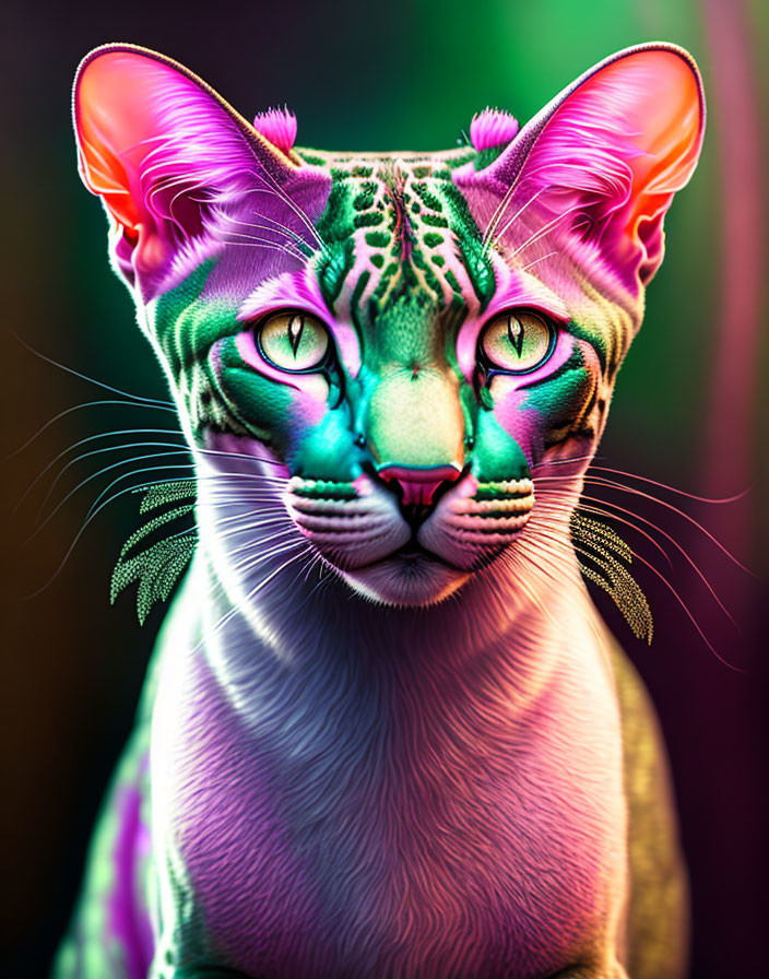 Colorful Digital Illustration: Neon Cat with Tribal Patterns