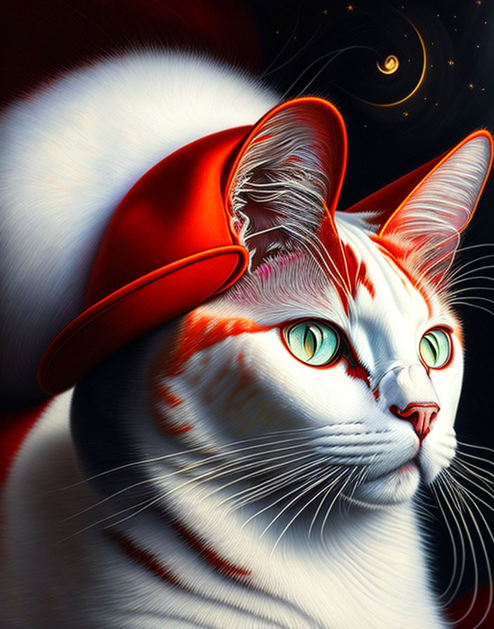 White Cat with Orange Stripes in Red Hat on Cosmic Background