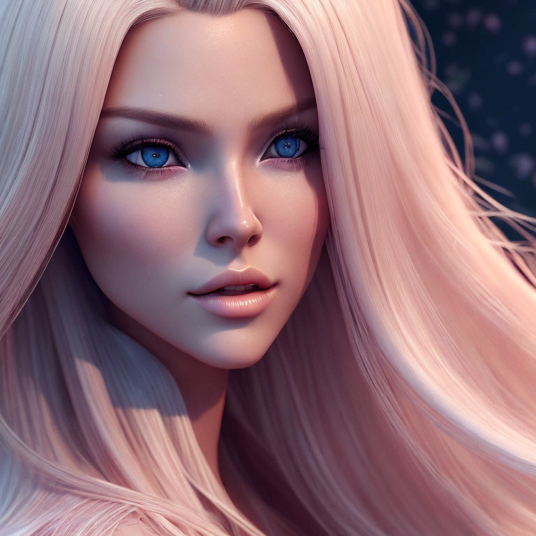 Close-up 3D-rendered female character with pale blonde hair and blue eyes