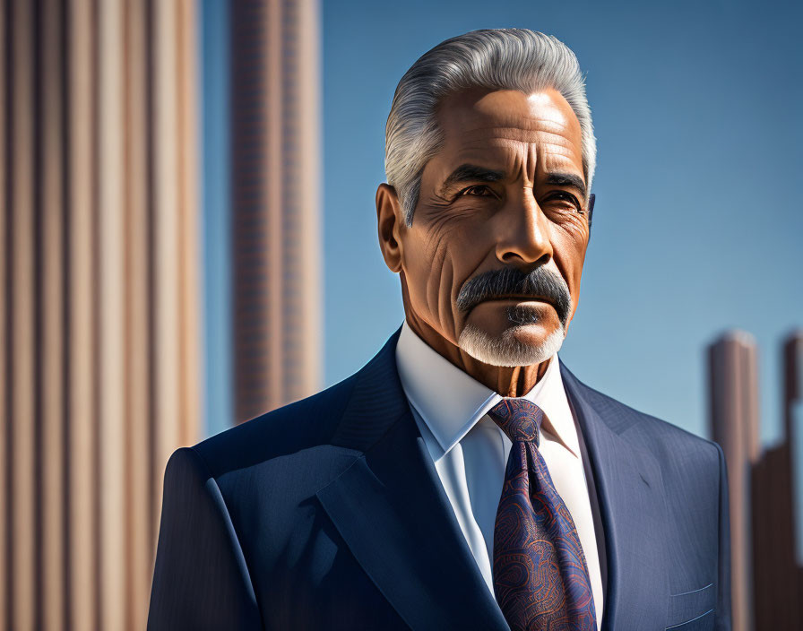 Elderly man with gray hair and mustache in blue suit against skyscrapers