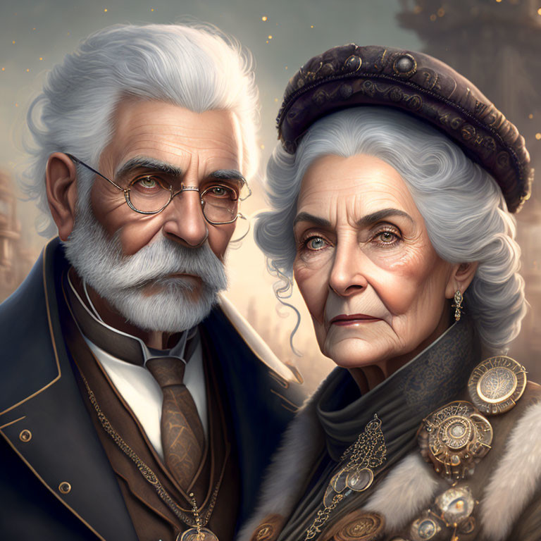 Elderly couple in regal attire with white beard and glasses, woman with gray hair and orn