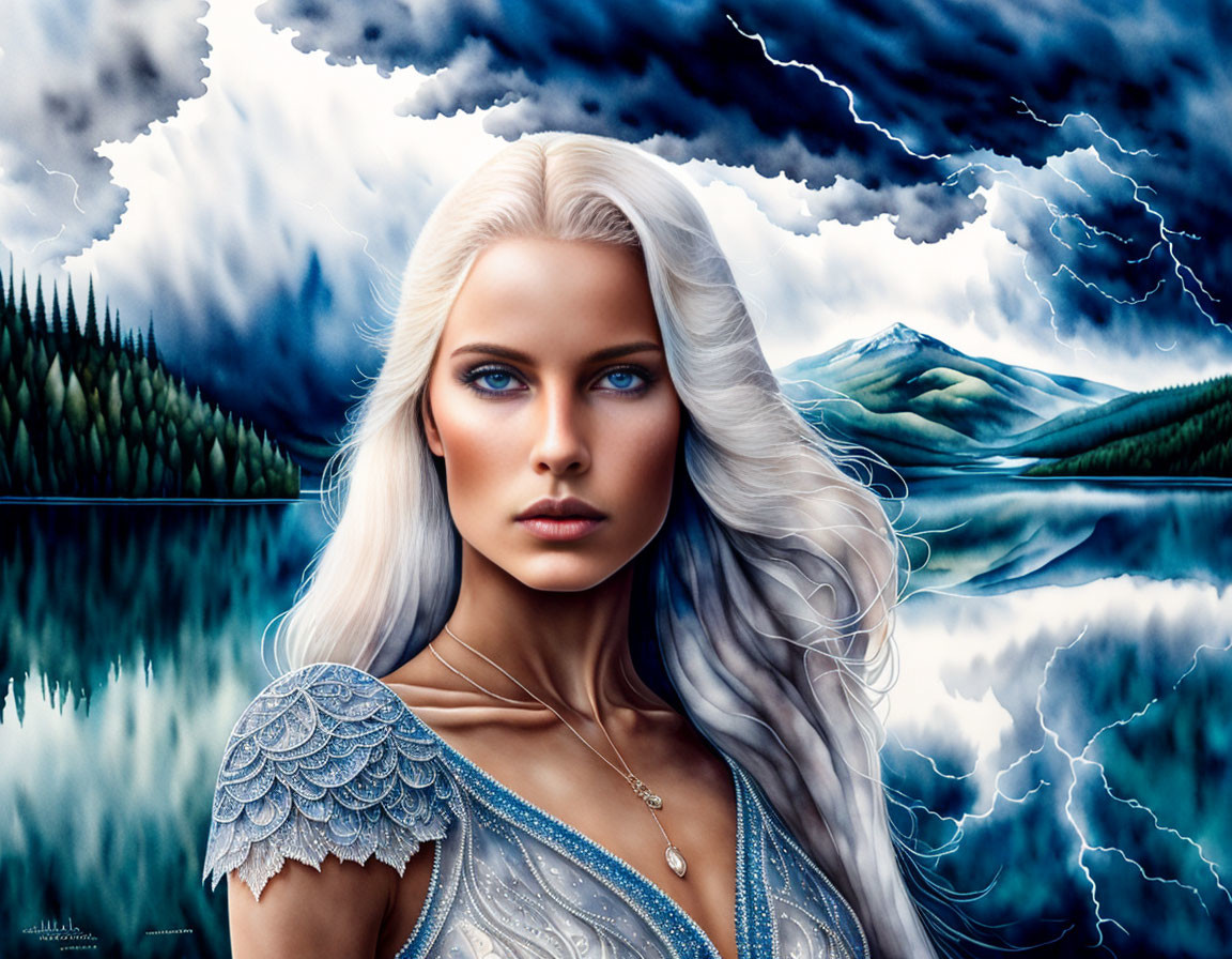 Illustration of woman with blue eyes and blonde hair in blue dress against stormy backdrop