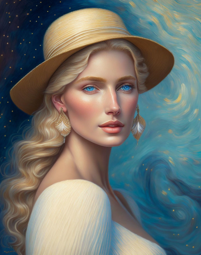 Blonde woman portrait with blue eyes, hat, and earrings