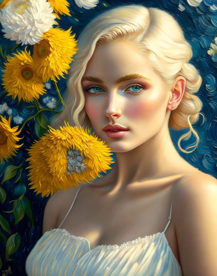 Blonde Woman with Blue Eyes Surrounded by Yellow Flowers on Blue Background