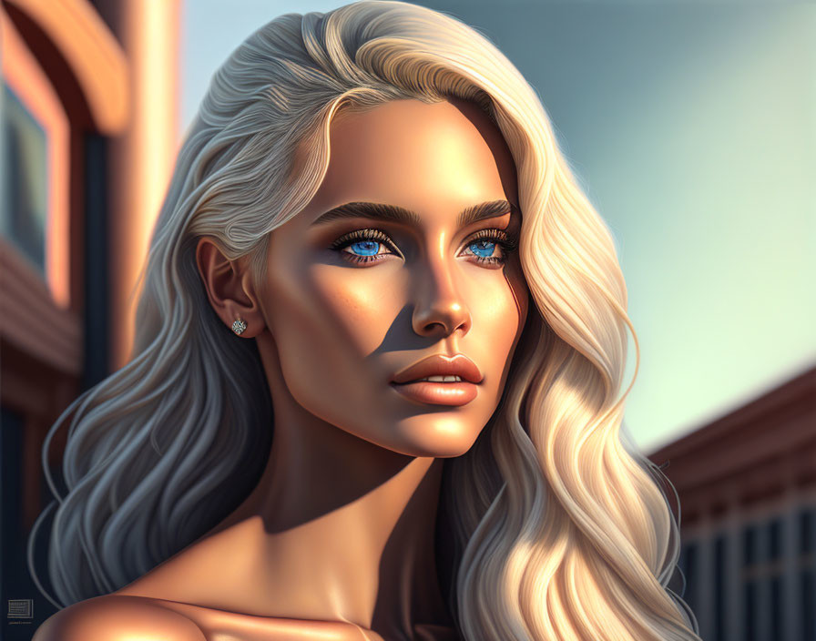 Blonde woman portrait with blue eyes in urban golden hour