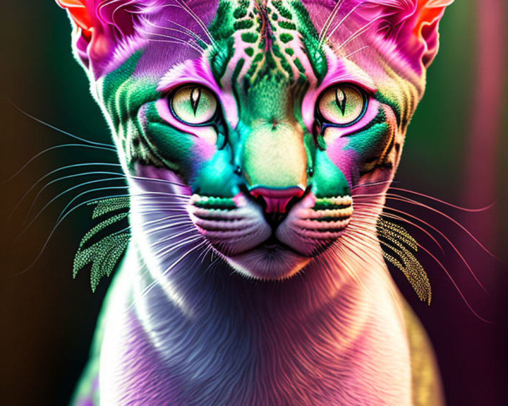 Colorful Digital Illustration: Neon Cat with Tribal Patterns