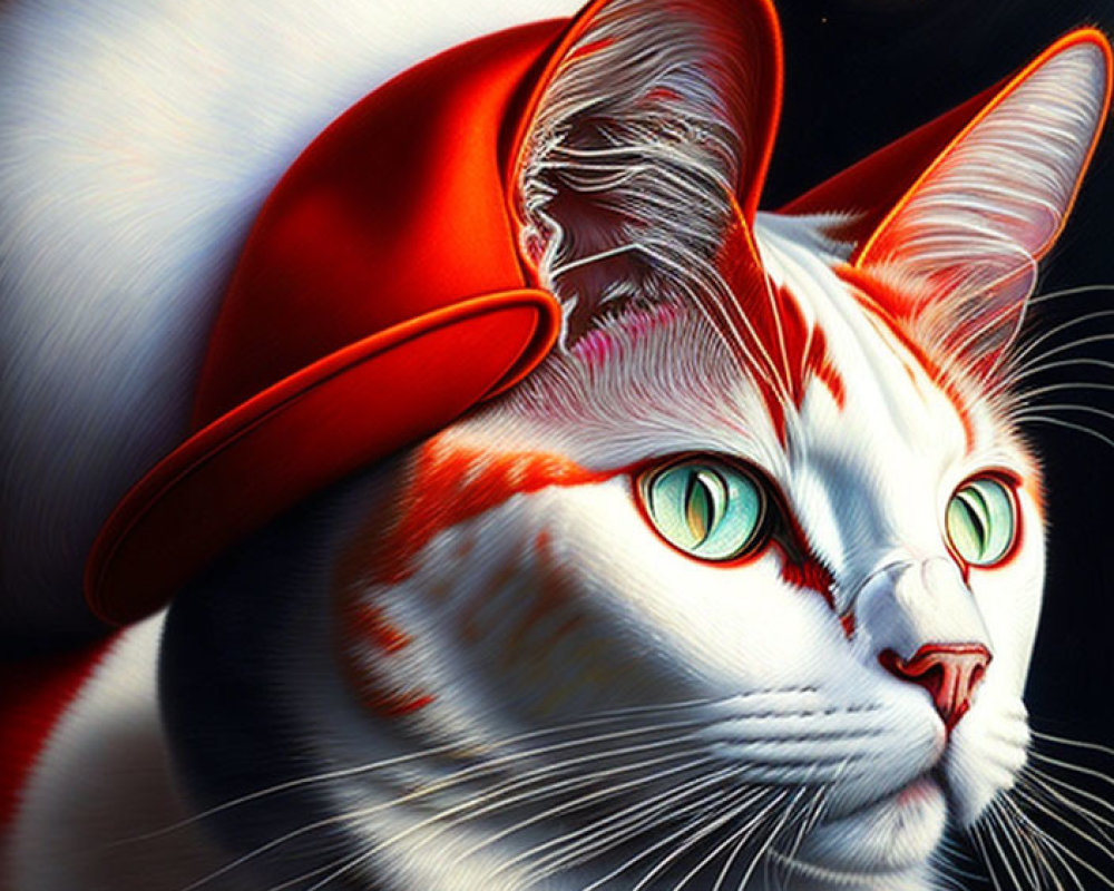 White Cat with Orange Stripes in Red Hat on Cosmic Background