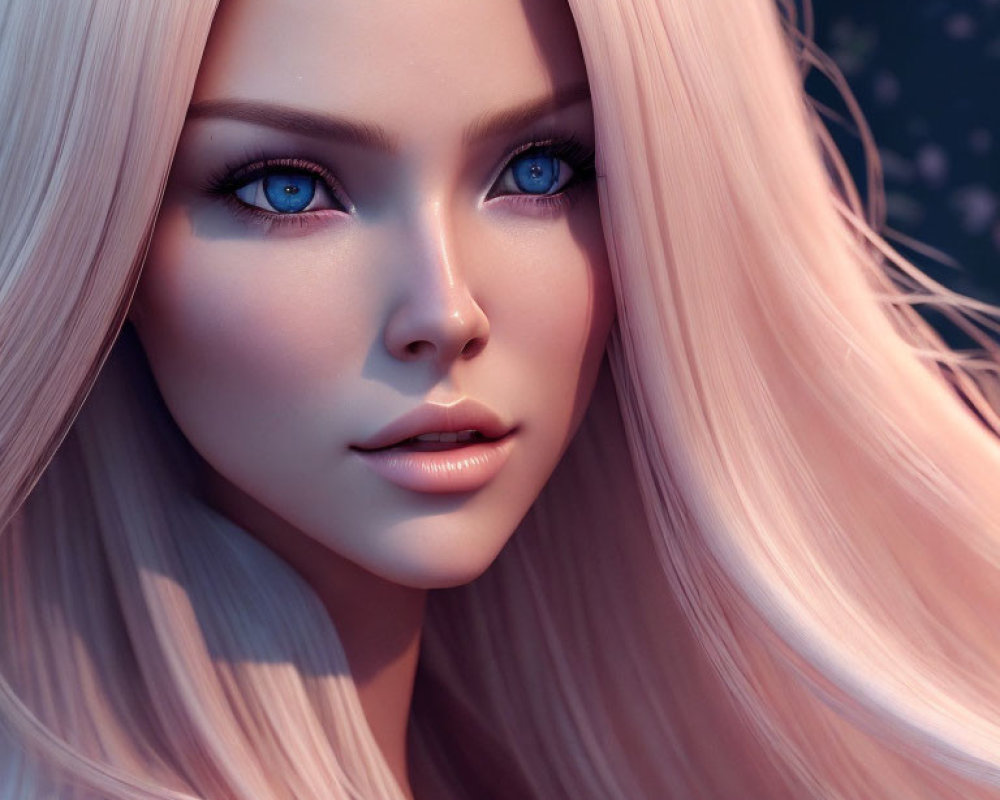 Close-up 3D-rendered female character with pale blonde hair and blue eyes