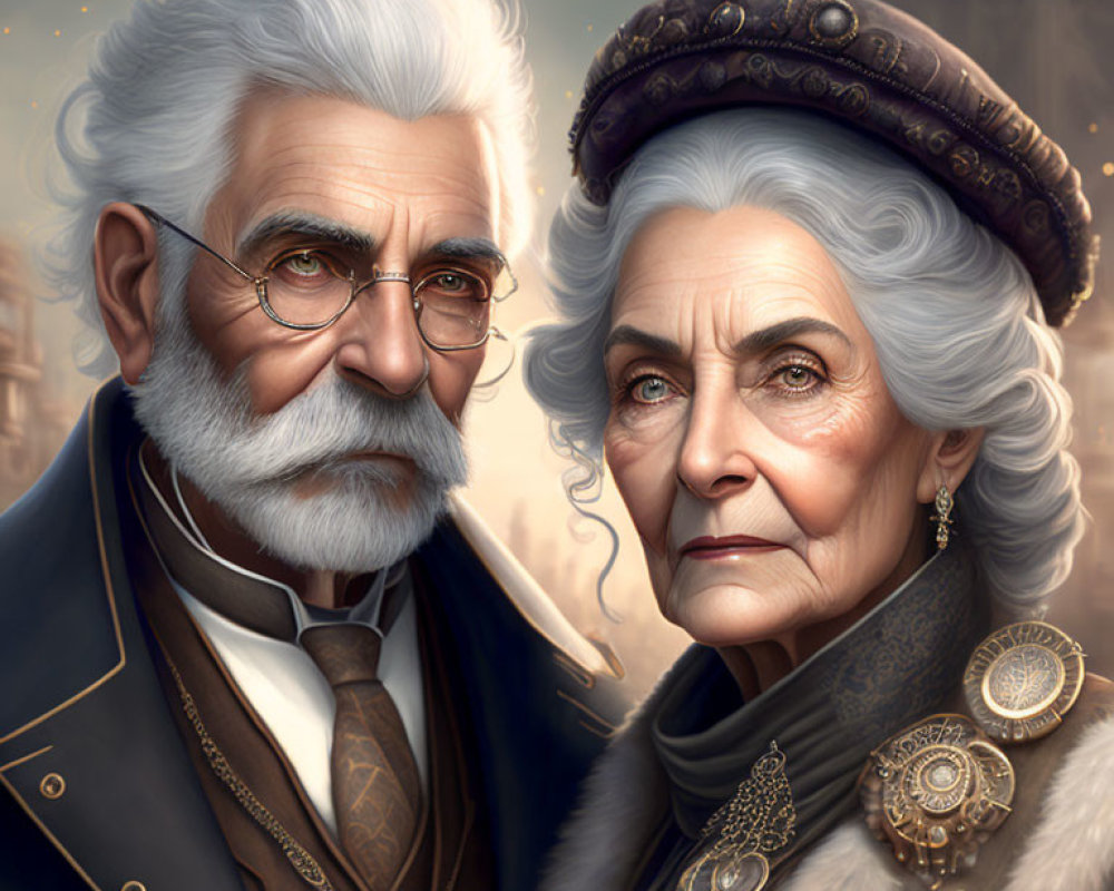 Elderly couple in regal attire with white beard and glasses, woman with gray hair and orn