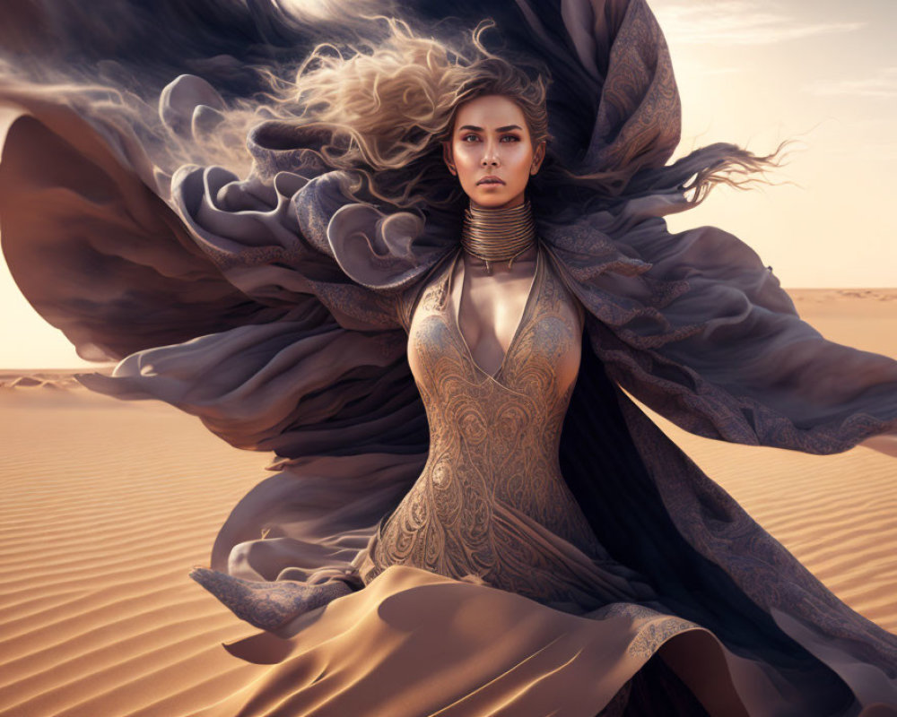 Woman in ornate dress standing in desert with flowing fabrics and billowing hair.