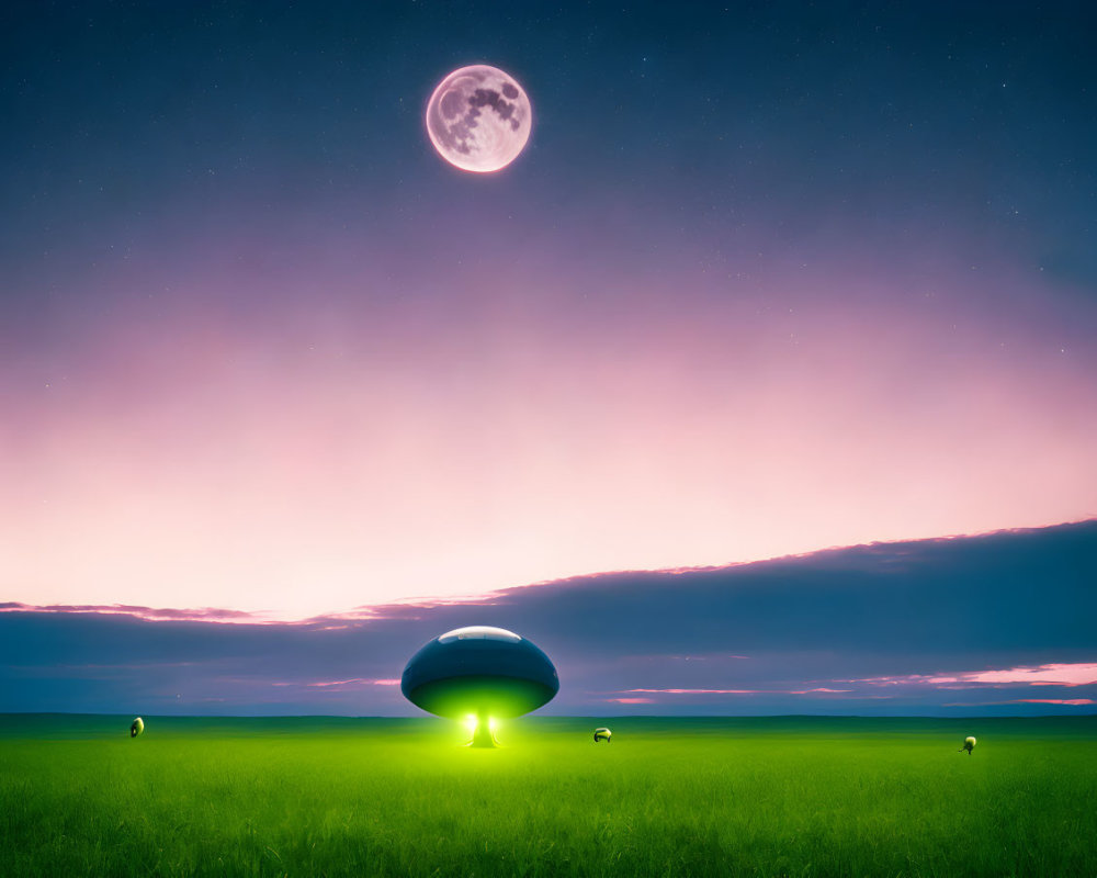 Landscape with full moon, UFO emitting green glow, and ostriches under twilight sky