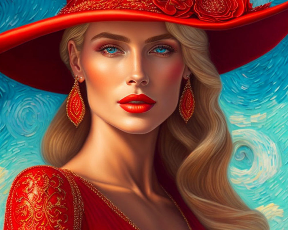 Blonde woman with blue eyes in red outfit on blue background