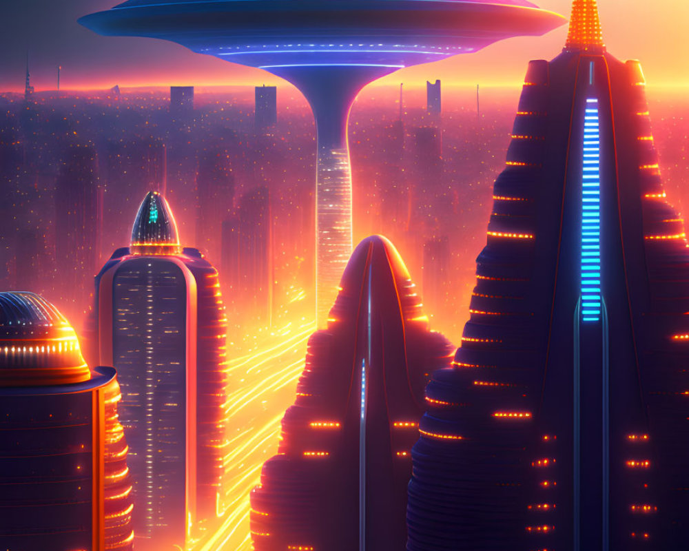 Futuristic cityscape with neon lights and skyscrapers at dusk