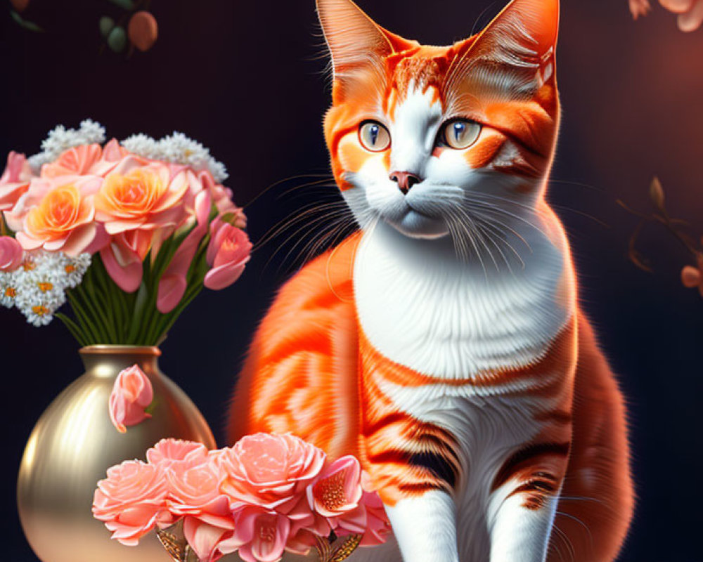 Orange and white cat with flowers on table against dark backdrop