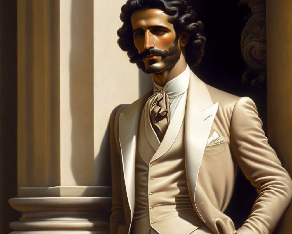 Stylish man in cream suit with vest and bow tie by classical columns