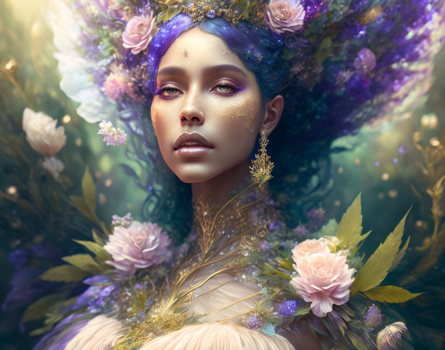 Ethereal woman with blue hair and gold adornments in mystical garden