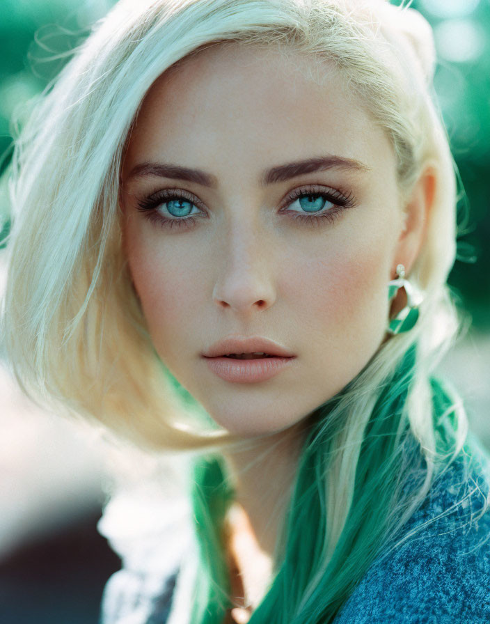 Blonde Woman Portrait with Striking Blue Eyes and Blue Top