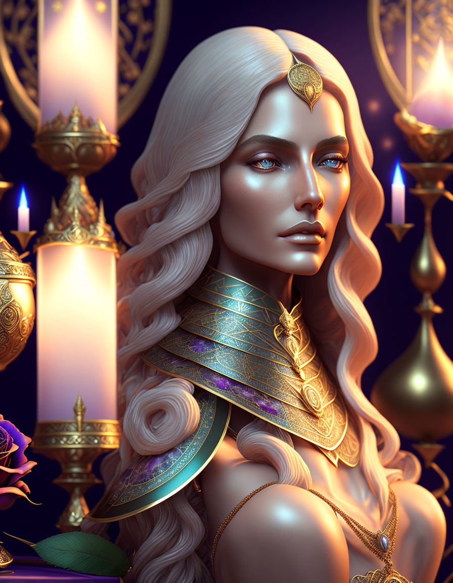 Regal woman digital artwork with white hair, golden armor, and mystical ambiance.