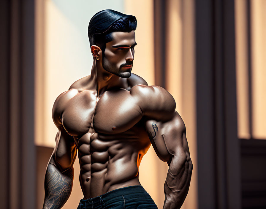 Muscular man with dark pompadour, beard, and arm tattoos posing confidently