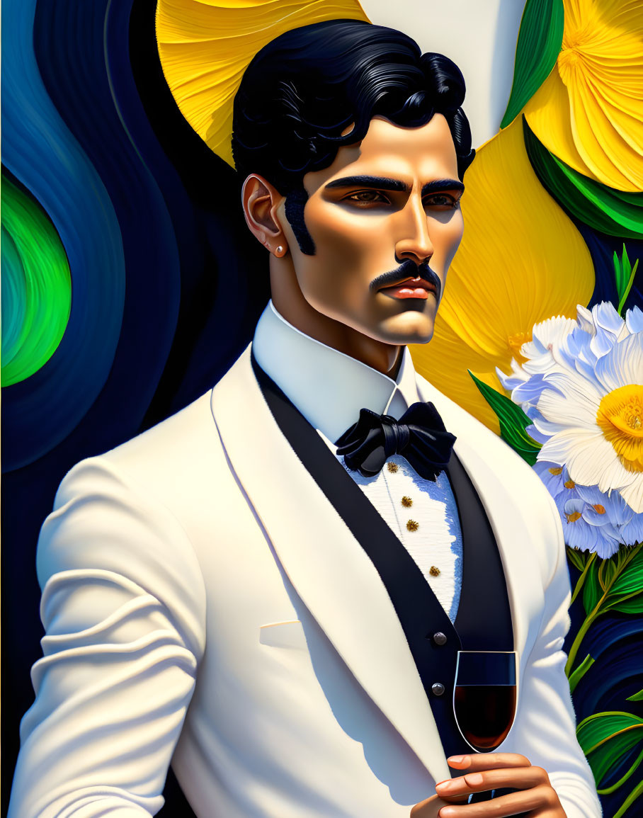 Stylish man with mustache in white suit and bow tie holding wine glass on vibrant floral background