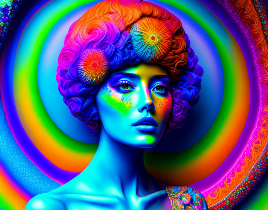 Colorful digital artwork of a woman with psychedelic patterns and floral hair against a multicolored background