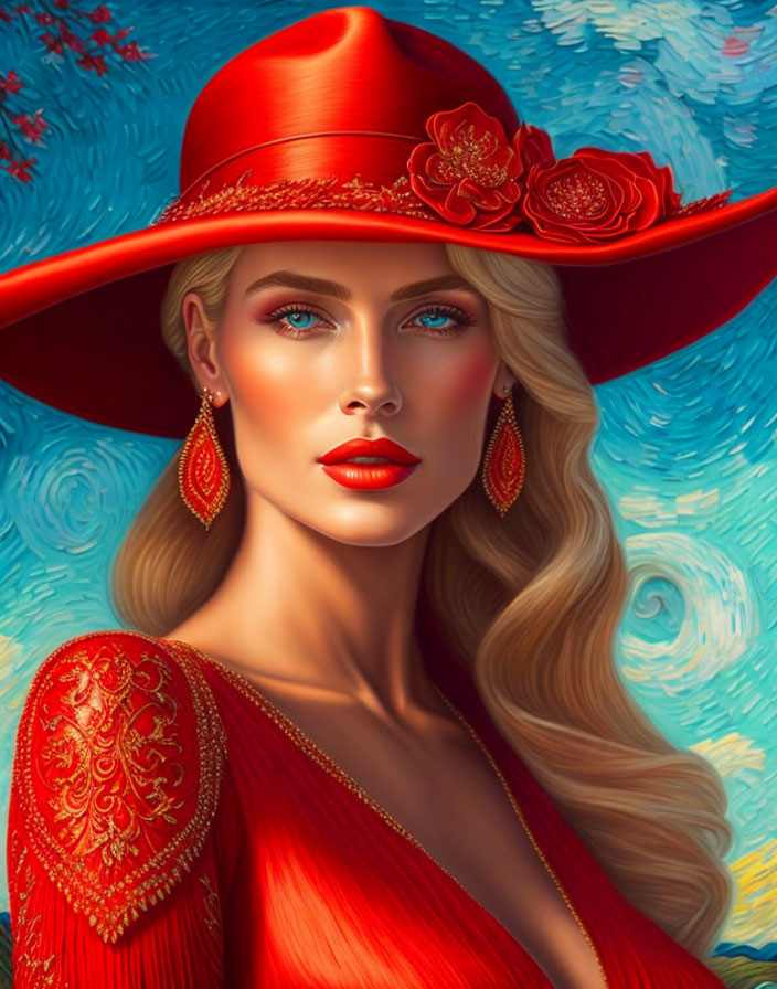 Blonde woman with blue eyes in red outfit on blue background