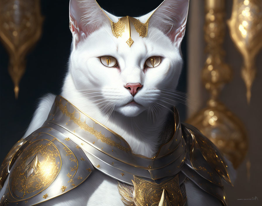 White Cat in Golden Armor and Crown: Majestic and Regal Essence