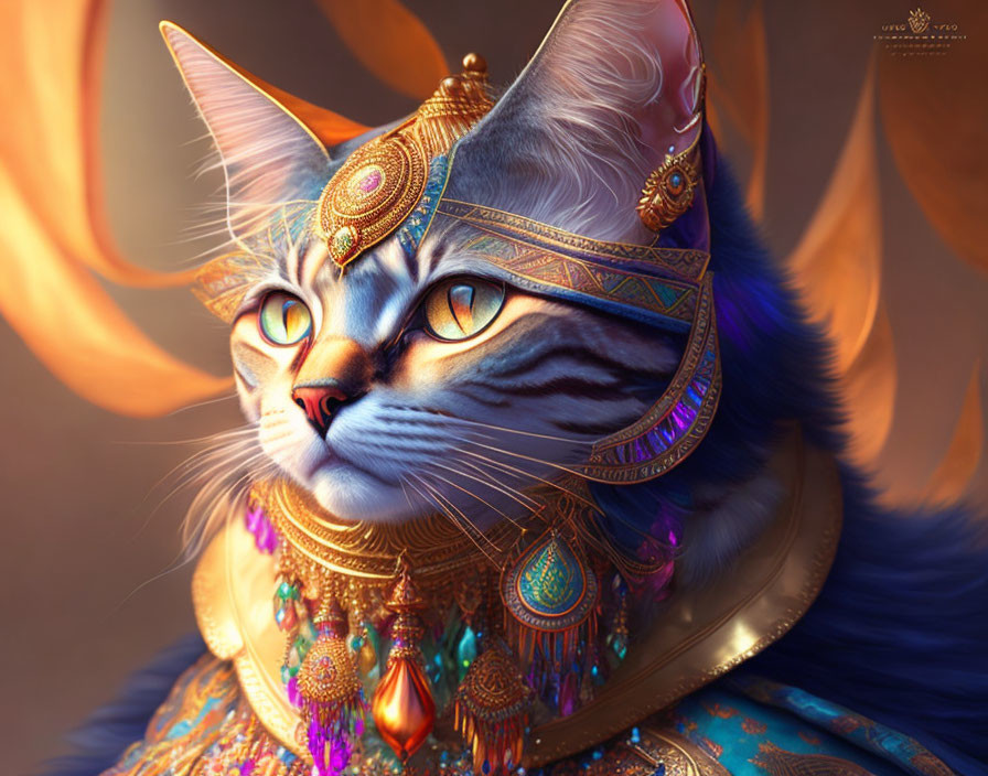 Regal Cat Wearing Golden Jewelry on Warm Background