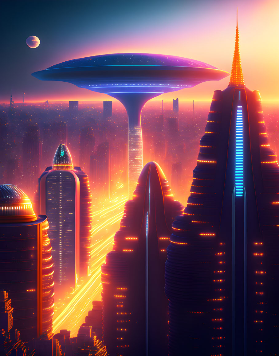 Futuristic cityscape with neon lights and skyscrapers at dusk