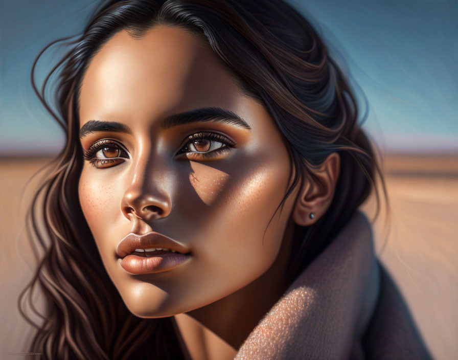 Detailed digital portrait of a woman with striking eyes and wavy hair