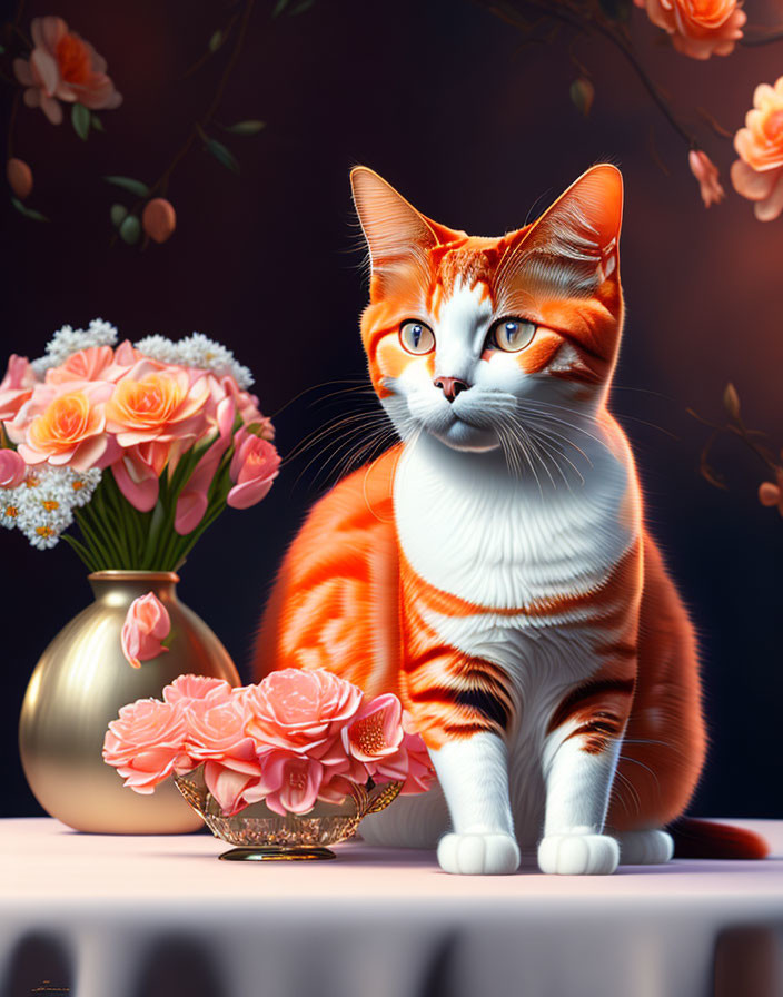 Orange and white cat with flowers on table against dark backdrop