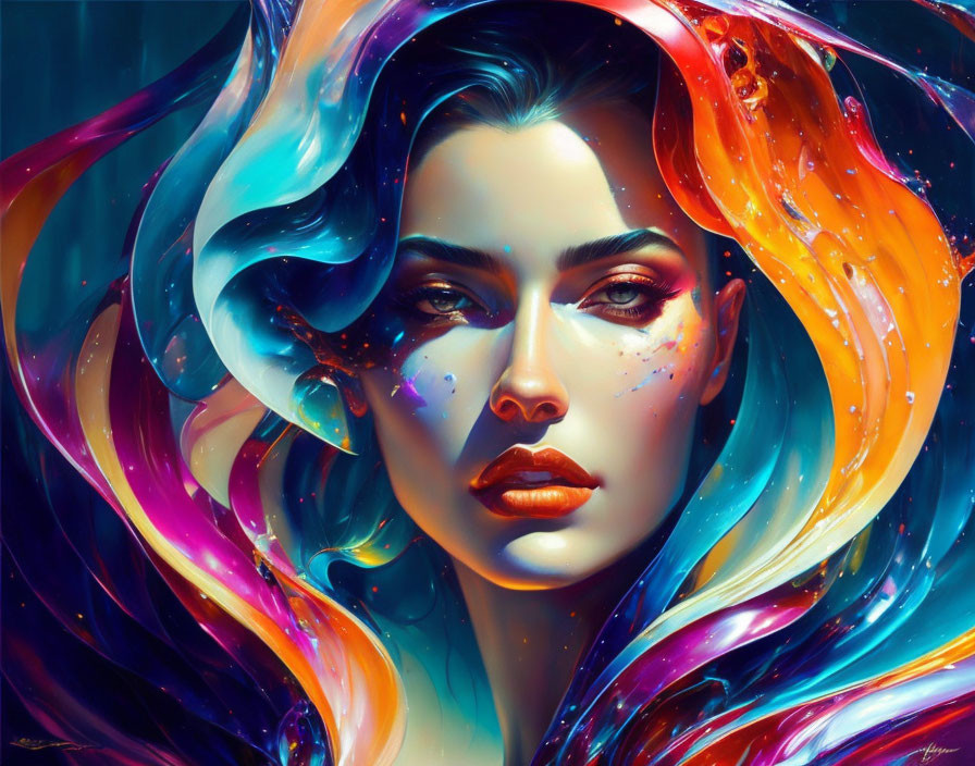 Colorful digital artwork: Woman with cosmic nebula hair