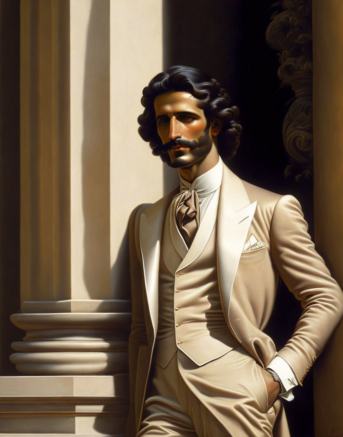 Stylish man in cream suit with vest and bow tie by classical columns